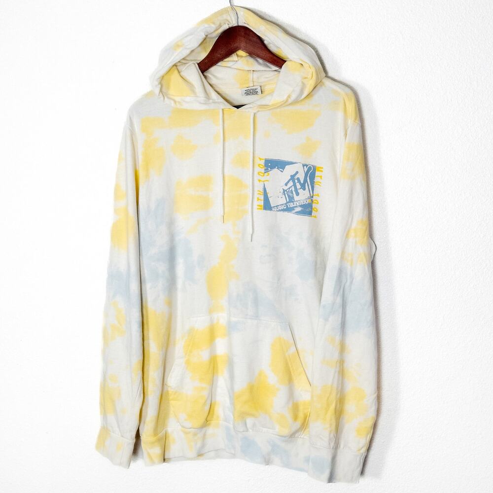 MTV Graphic Hoodie Sweatshirt Size L Yellow Blue Tie Dye Retro 80s Pop